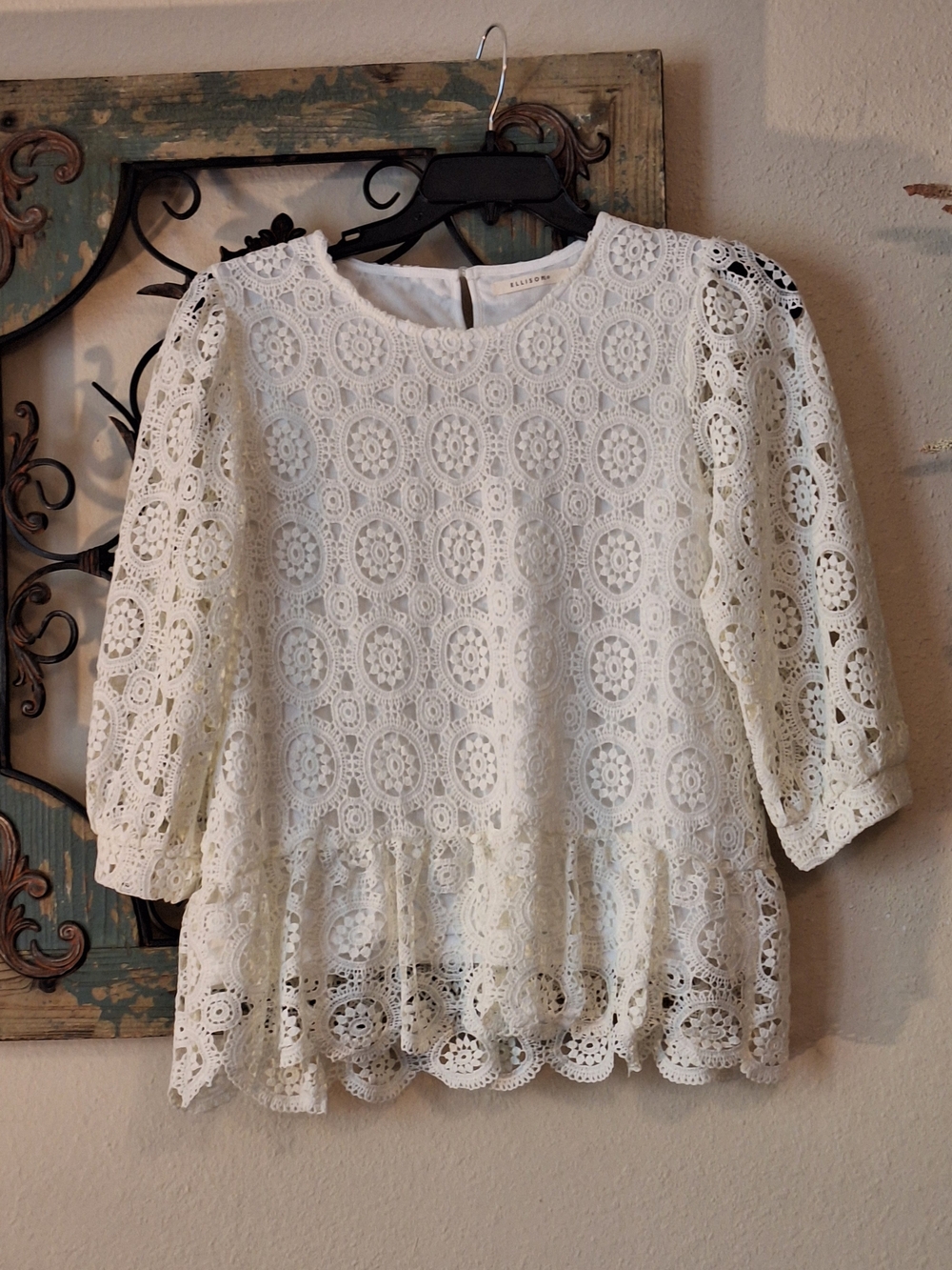 Ellison Cream Crochet Peplum Lace Blouse. Large